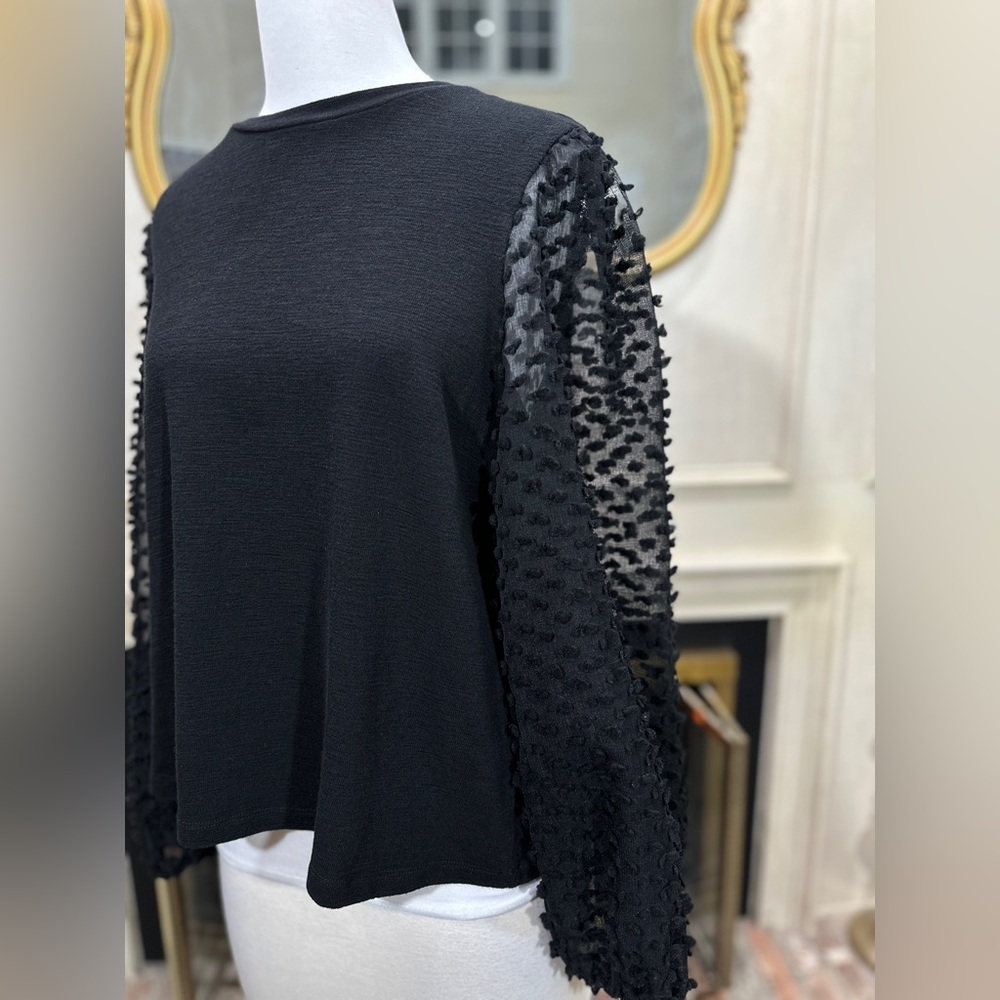 Maeve Anthropologie‎ Black Balloon Sleeve Textured Crop Top Size L Romantic Chic - Picture 4 of 10